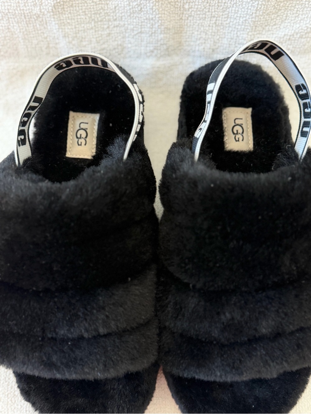 UGG Black Plush Shearling Slip-On Slides with Branded Heel Strap